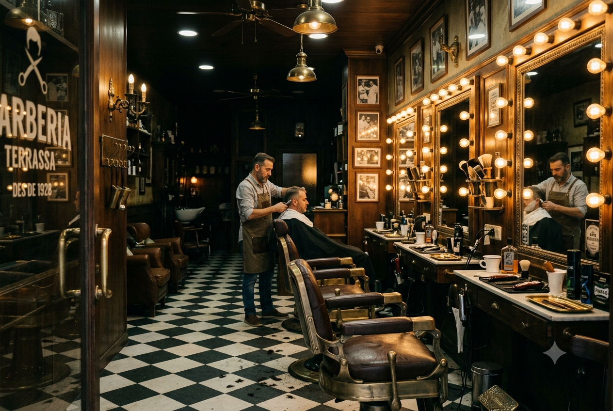 Vista previa del prompt: Interior de barbería con estética clásica