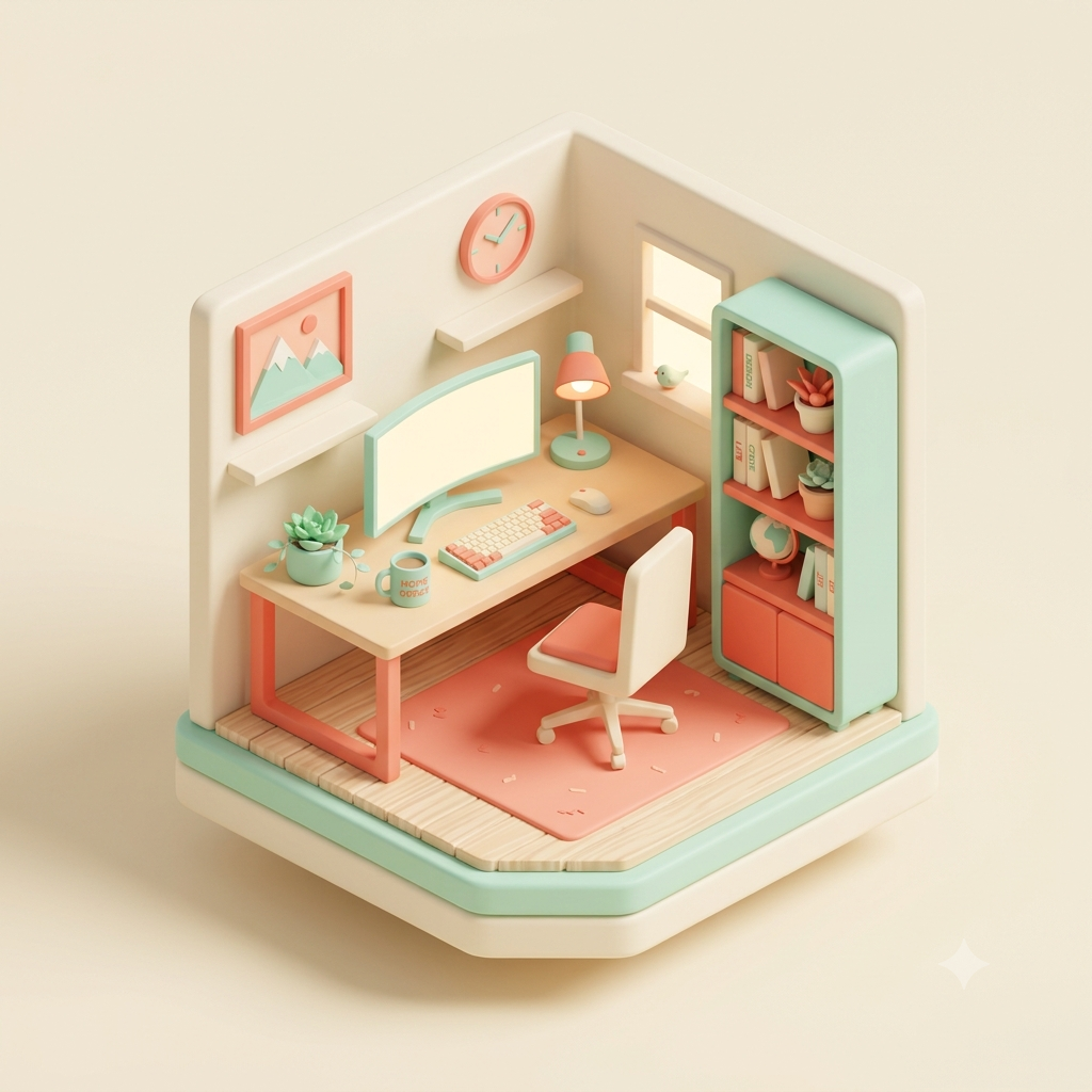 Vista previa del prompt: Ilustración isométrica 3D de un espacio de trabajo