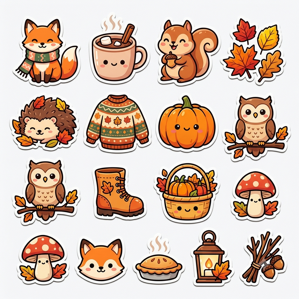 Vista previa del prompt: Set de stickers ilustrados con borde blanco
