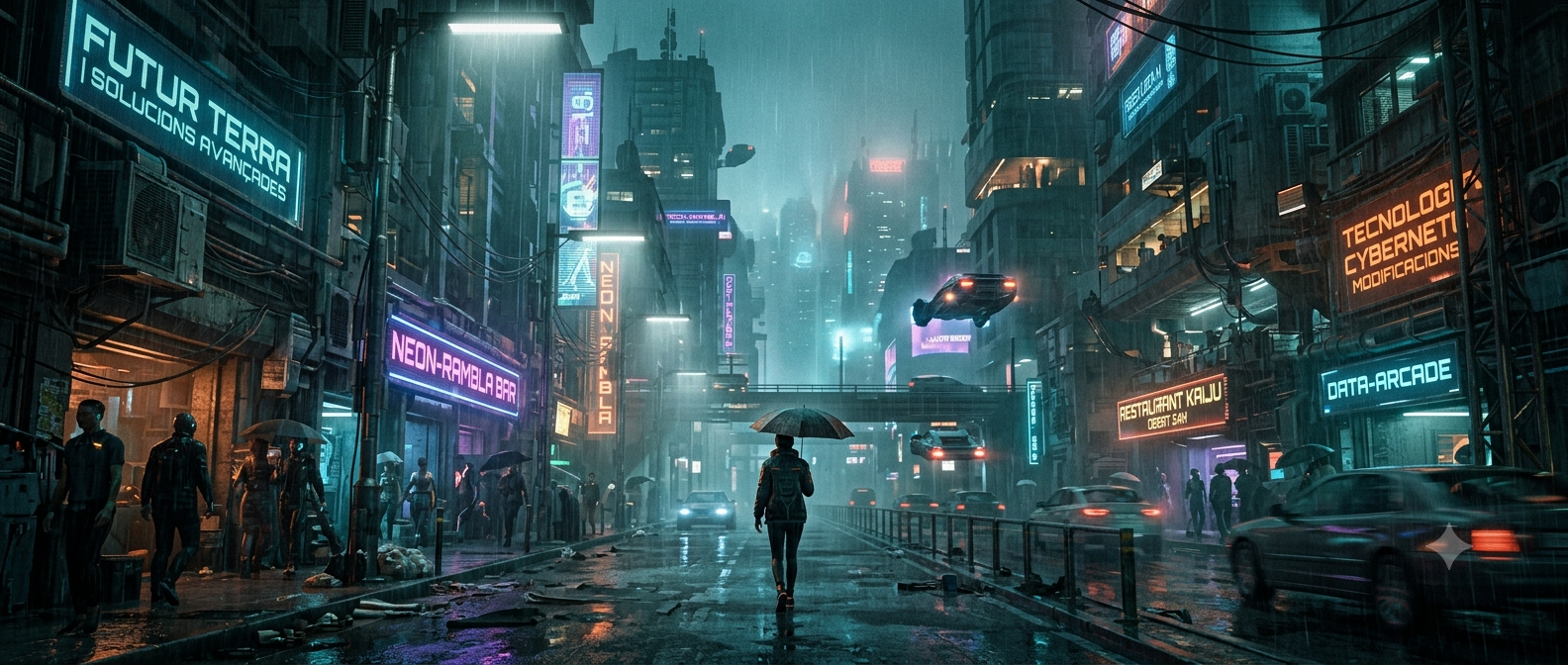 Vista previa del prompt: Ciudad cyberpunk bajo la lluvia