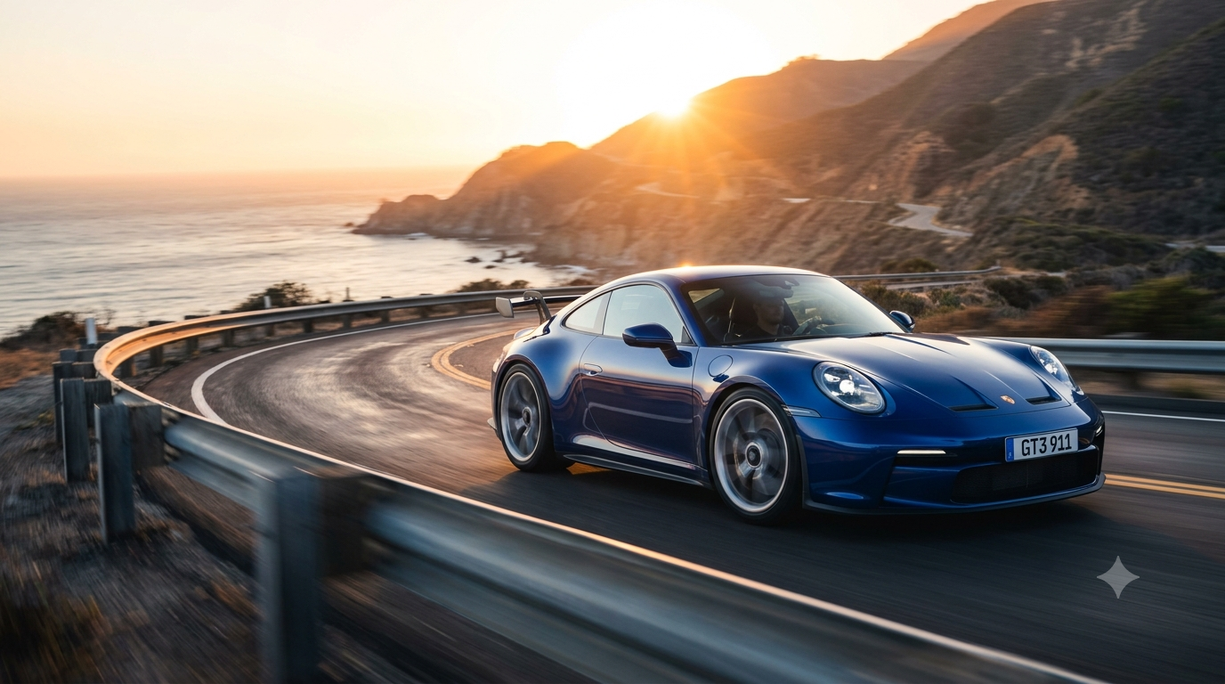 Vista previa del prompt: Fotografía de coche en carretera al atardecer